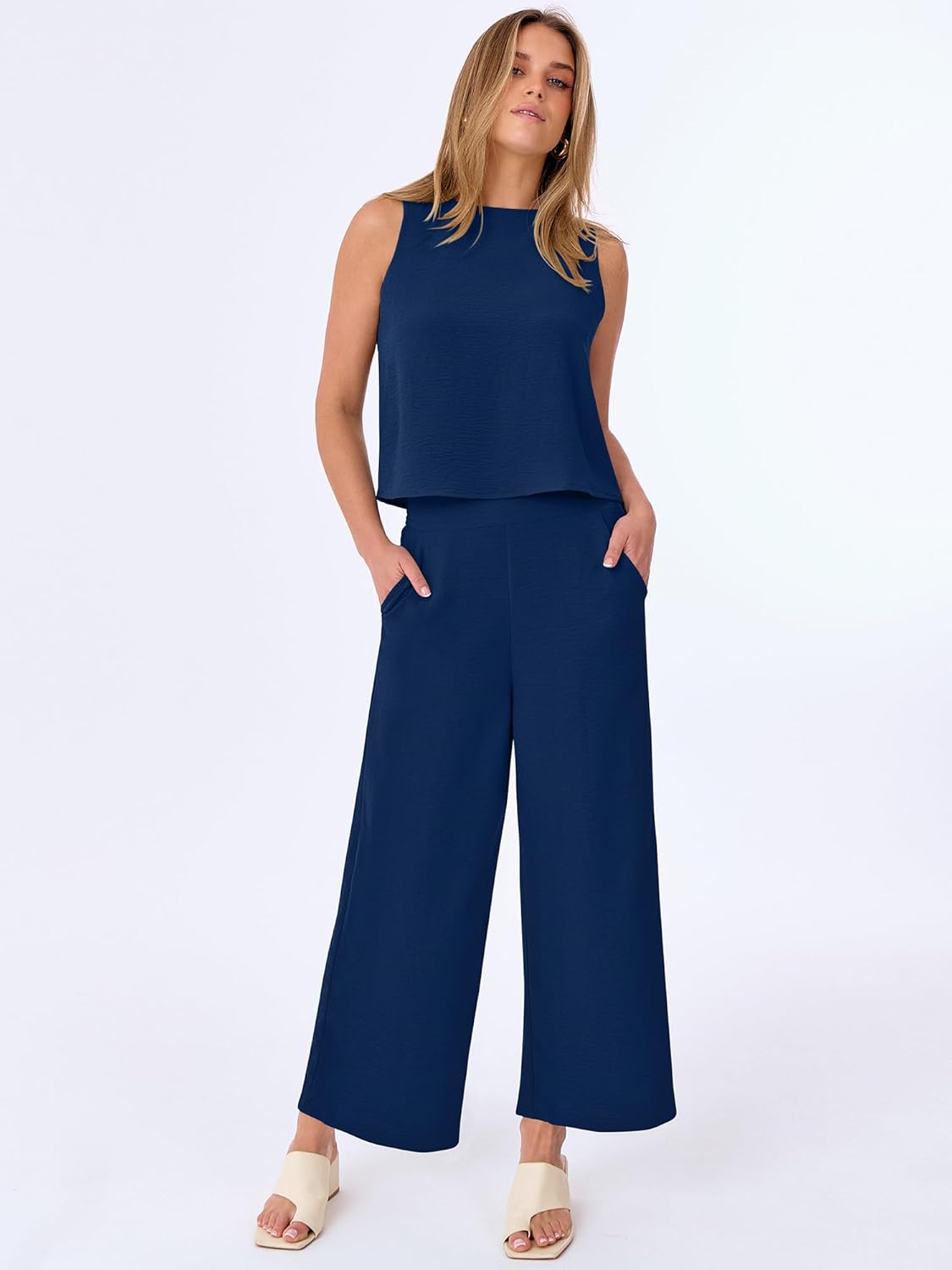 ANRABESS Women Lounge Sets 2 Piece Outfits Summer Sleeveless Crop Tops Capri Wide Leg Pants Vacation Beach Travel Sets - Image 3