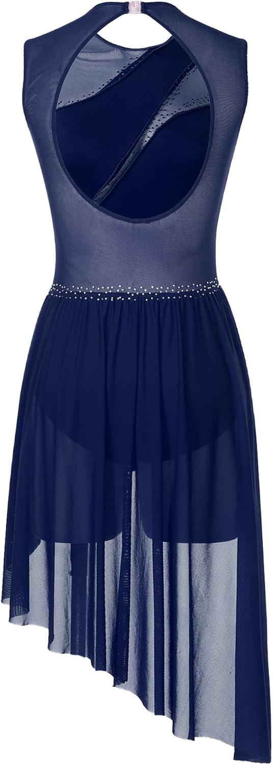 Women Lyrical Dance Costume Rhinestones Asymmetrical Mesh Tulle Flowy Leotard Figure Skating Dress