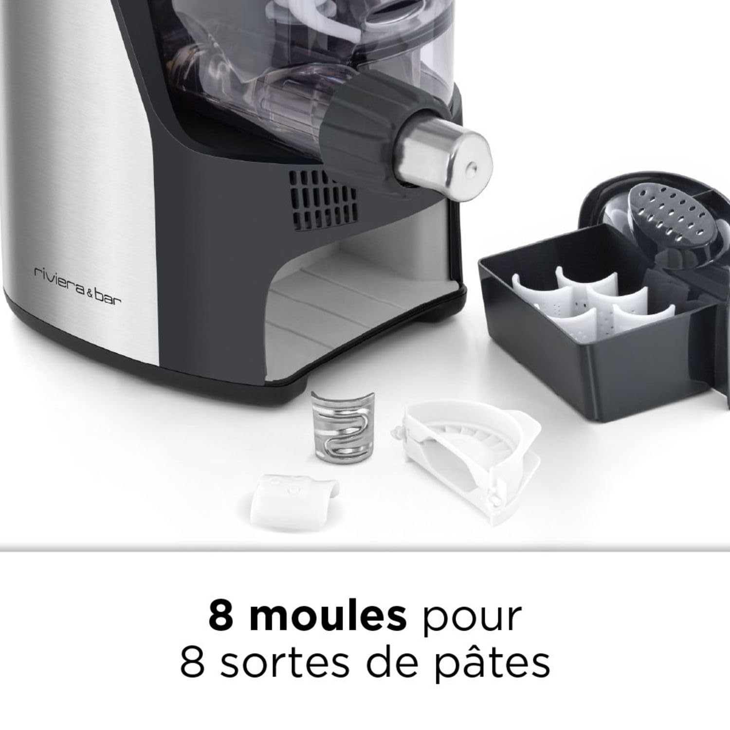 riviera&bar Machine à Pâtes Automatique en Métal - 4 Programmes pour Pâtes Maison, Ventilation Séchage Rapide, Vis Inox, Pesée Automatique - Compacte et Facile à Nettoyer - Noir/Inox