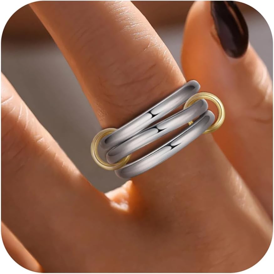 Stackable Interlocked Rings for Women, 14K Gold/White Gold Plated 3/4 Ring Stack Set, Mixed Metals Wedding Engagement Statement Bridal Two-Toned Bands, Size 6-9