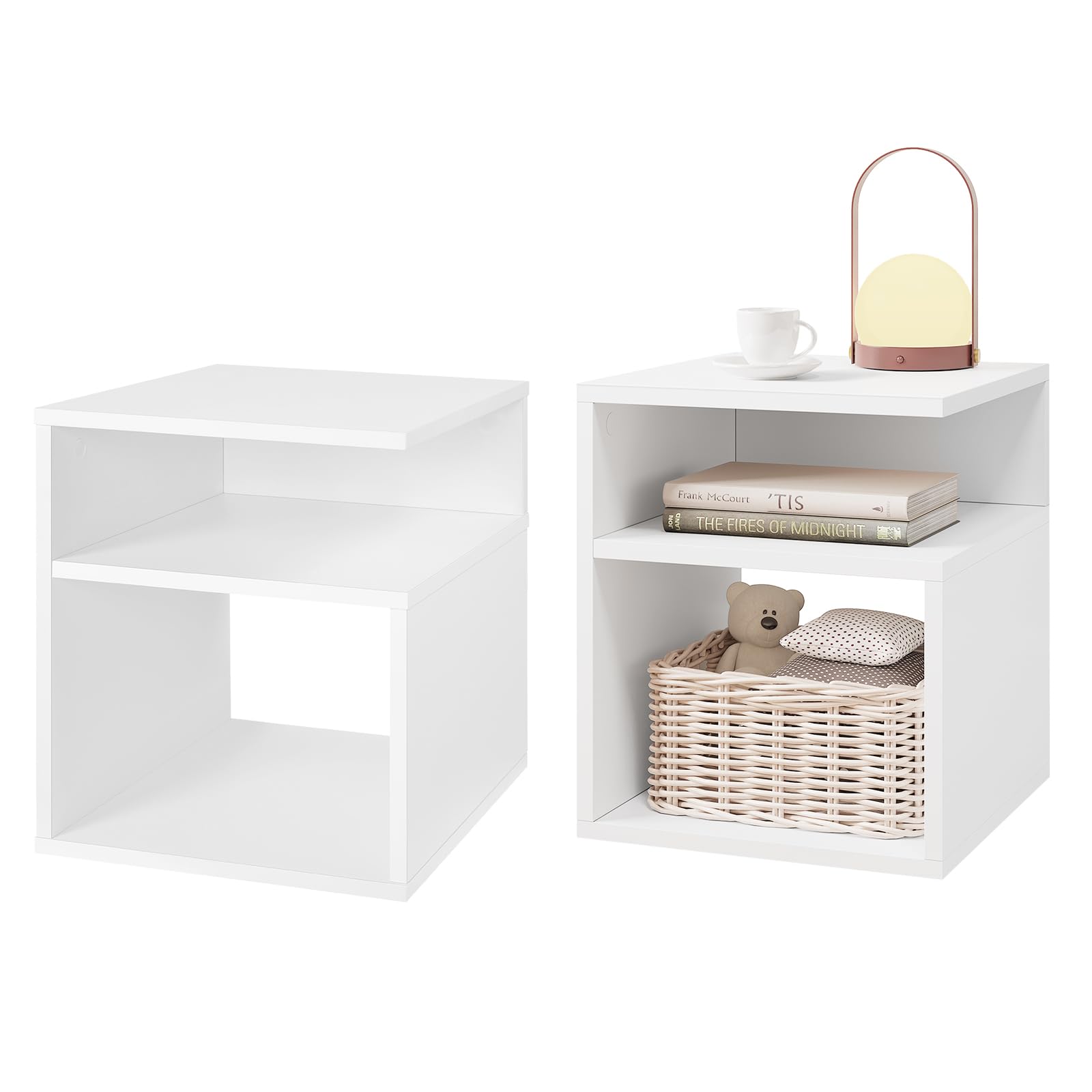 EUGAD 2er Set Nachttisch Weiß, Beistelltisch mit 2 offene Fächer, 35x41,5x35 cm, Nachtkommode Nachtschrank für Boxspringbett, Platzsparender Nachttisch für Wohnzimmer Schlafzimmer, 0002CTG-2