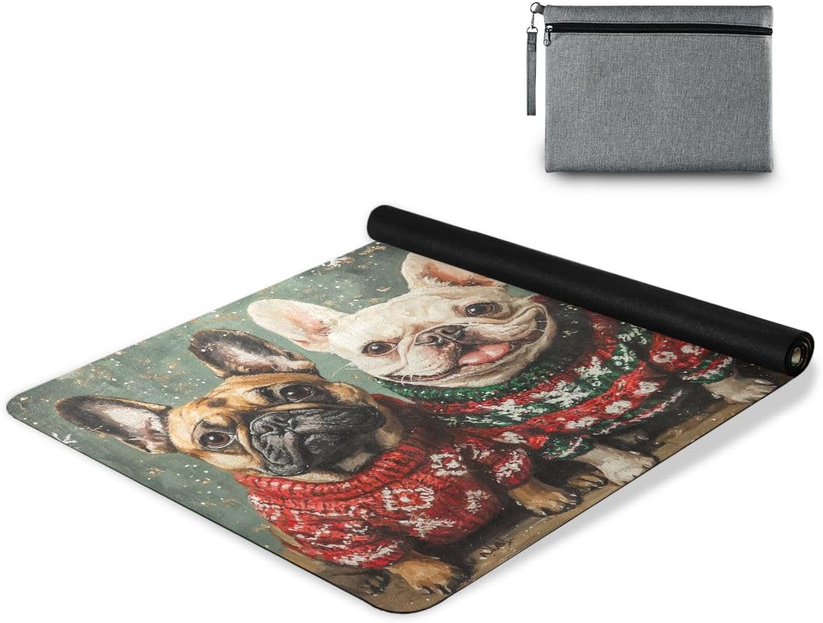 ALAZA Oil Painting French Bulldog Wearing Christmas Sweaters Yoga Mat Non Slip Fitness Exercise Mat, Workout Mat for Yoga, Pilates and Floor Exercises
