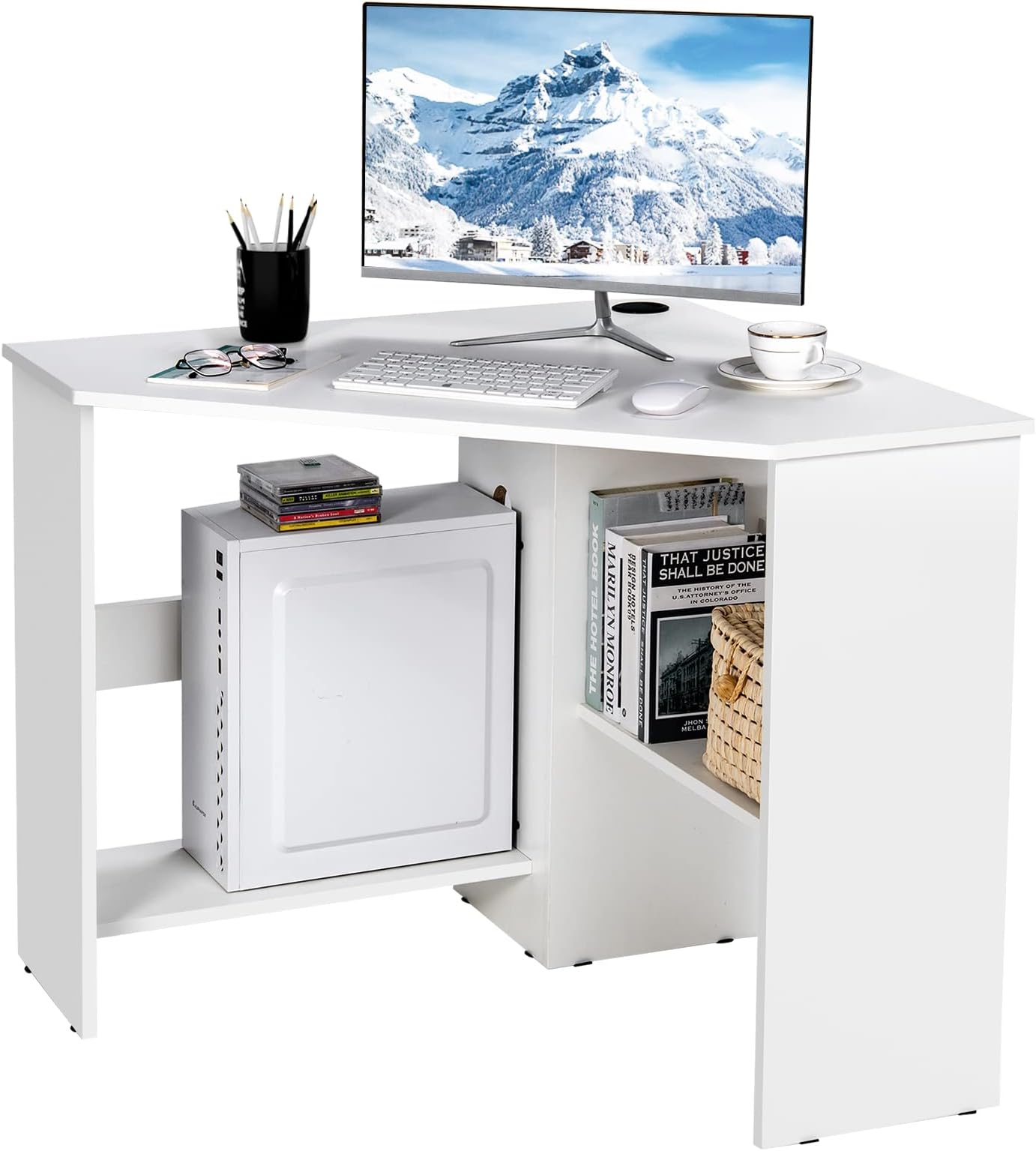 Augester Modern Corner Desk, 90 Degree Triangle Computer Table with Shelves, Cable Hole, Space Saving Corner Writing Desk for Bedroom, Living Room, Workstation (White)