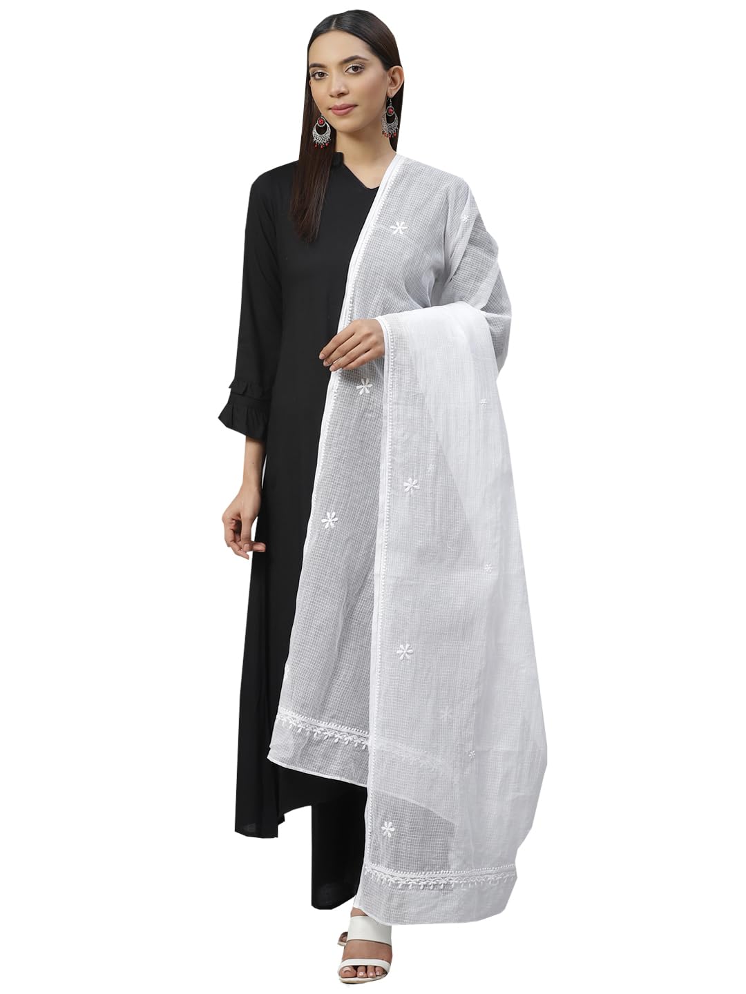 Hand Embroidered Lucknow Chikankari White Cotton Blend Dupatta Stole for Women A511111-image-19