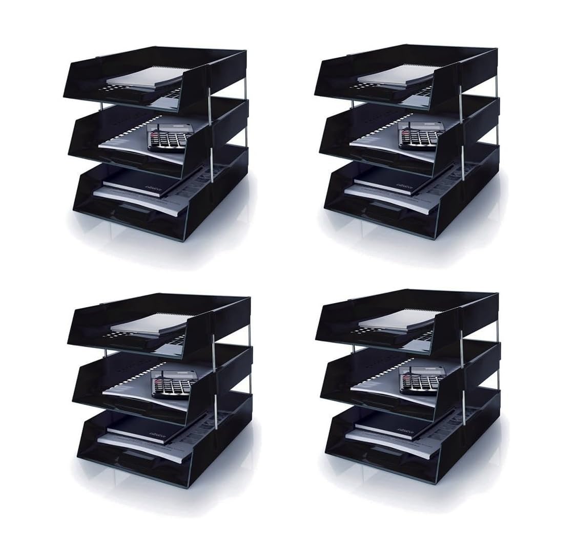 Evrite Black A4 Lettertray With Risers Letter Tray - Pack Of 12 Trays + 8 Riser Sets