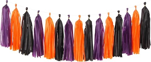 Guirnalda de borlas para fiesta de Halloween en negro-morado-naranja - 15 piezas, suministros para graduación 2025, borlas para decoración de