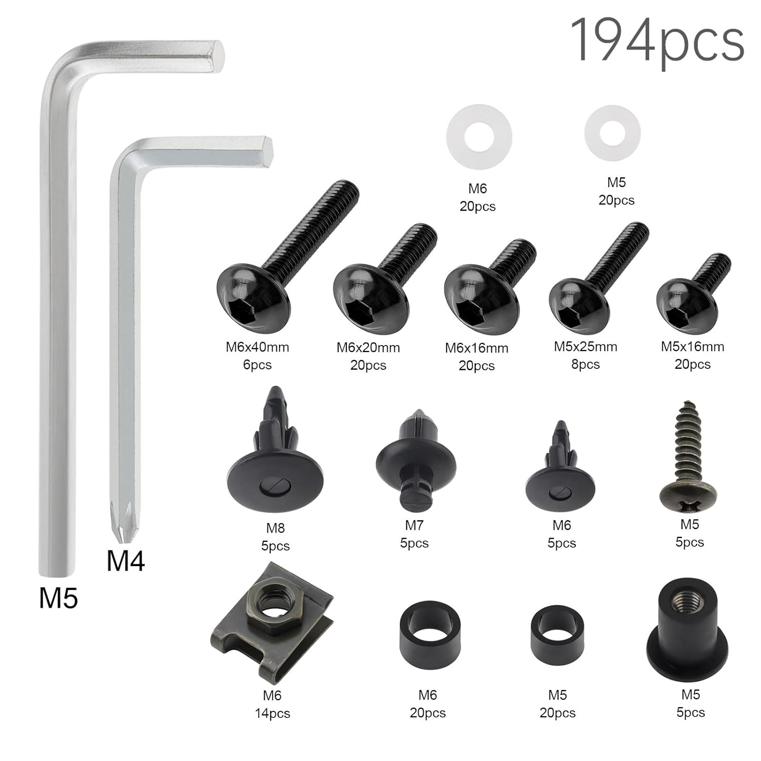 Windance 195pcs Motorcycle Fairing Bolt Kit,Stainless Steel Screws Fasteners, M5 M6 Washers Nuts Screws Clips Fairing Bolts Nut Clips Kit Fit for Yamaha Honda Kawasaki Suzuki BMW (Black)