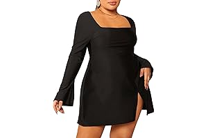 Women's Plus Size Square Neck Flowy Flare Long Sleeve Split A Line Short Dress