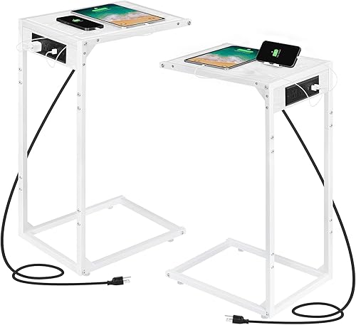 Juego de 2 mesas auxiliares en forma de C con estación de carga, mesa auxiliar con mesa con puertos USB y tomas de corriente, mesas C para sofá,