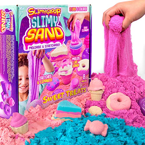 SLIMYSAND Sweet Treats, 2 Pounds of SlimySand in 5 Colors (Pink Glitter, White Glitter, and Pink, Blue and Purple), 6 3D Molds & Reusable Box For Play. Super Stretchy & Moldable Cloud Slime!