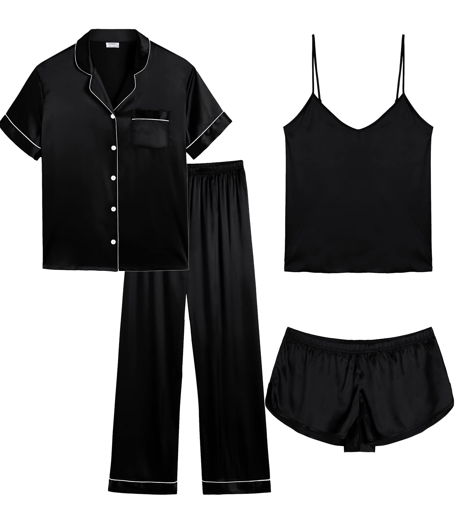 SWOMOG Women Plus Size Pajama Set 4pcs Silk Satin Sleepwear Button Down Pjs Cami Shorts Set Loose Loungewear 16W-26W Black