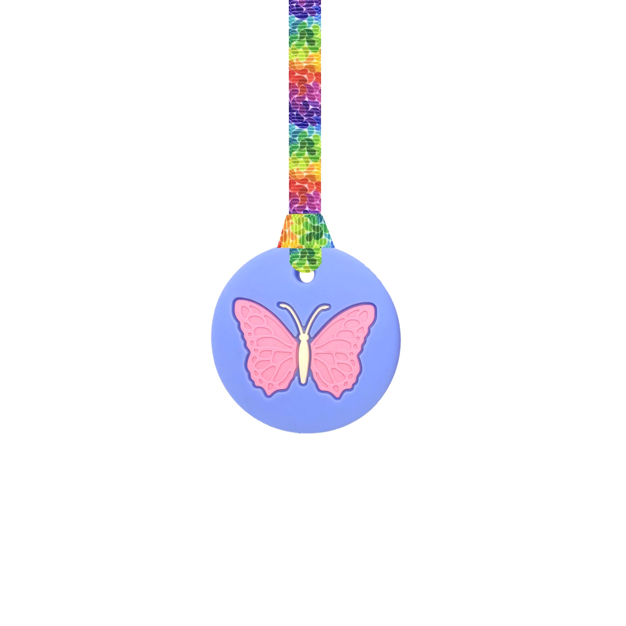 Butterfly Chew Necklace with Lanyard - Blue - Sensory Chew for Kids with Autism, Anxiety & ADHD – 100% Food Grade Silicone - Sensory Oojamabobs (8 Designs Available) (Rainbow Leaves, 54cm Lanyard)