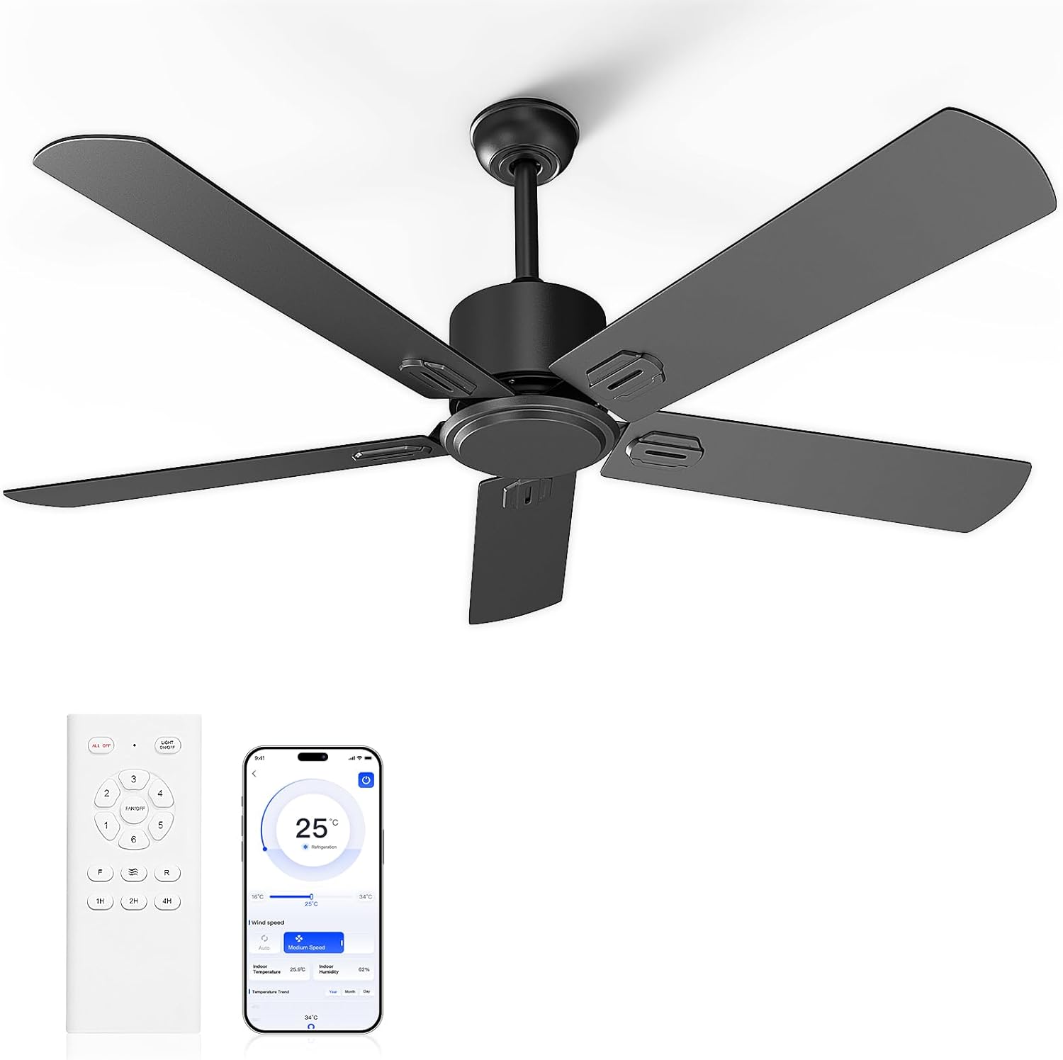 Obabala 52 Inch Ceiling Fan No Light, Outdoor Indoor Flush Mount Low Profile DC Motor Fan with Remote and APP, 5 Blades Reversible Silent Fan for Patio, Bedroom, Living Room, Garage, Black