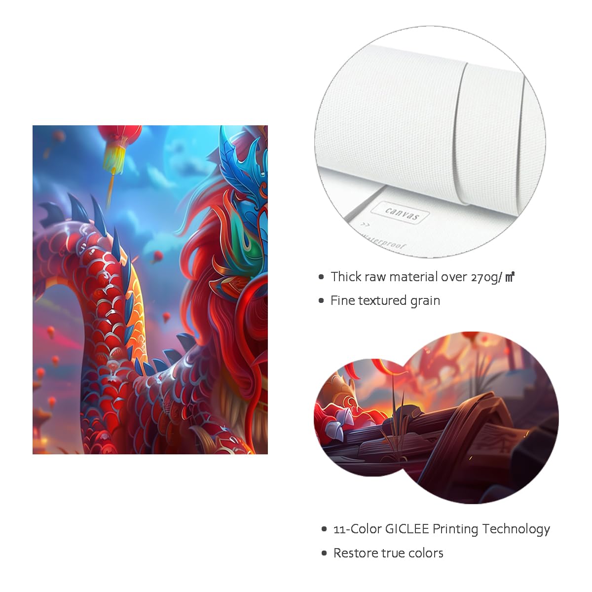 CHERHERART Drago cinese tela opera d'arte decorazione della parete Fantasy Oriental Festival Canvas Poster Pittura per soggiorno sala da pranzo decorazione domestica 55x55cm Innerframe
