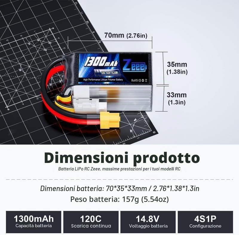 Zeee 4S Lipo 14,8V 120C 1300mAh Batteria RC con connettore XT60 (2 pezzi)
