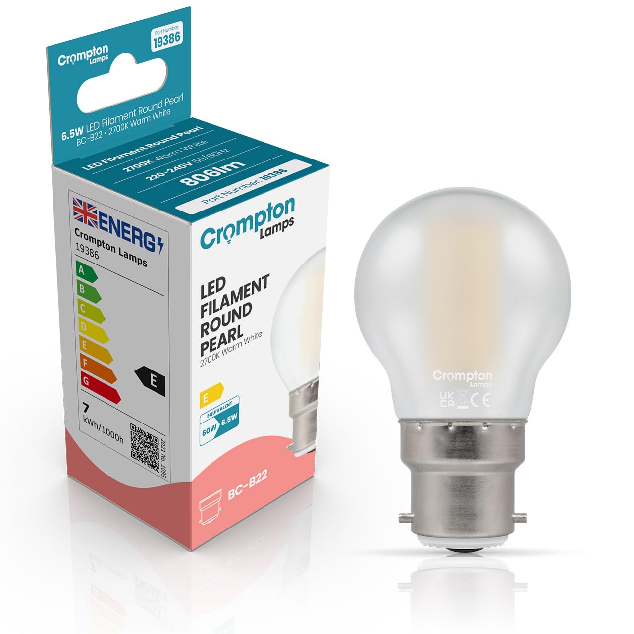 Crompton Lamps Filament Golfball LED Light Bulb BC-B22d | 6.5W = 60W Equivalent | Warm White 2700K | Energy Efficient | Bayonet Lightbulb | Long Life 15,000-Hrs | Pearl Glass โ image 1