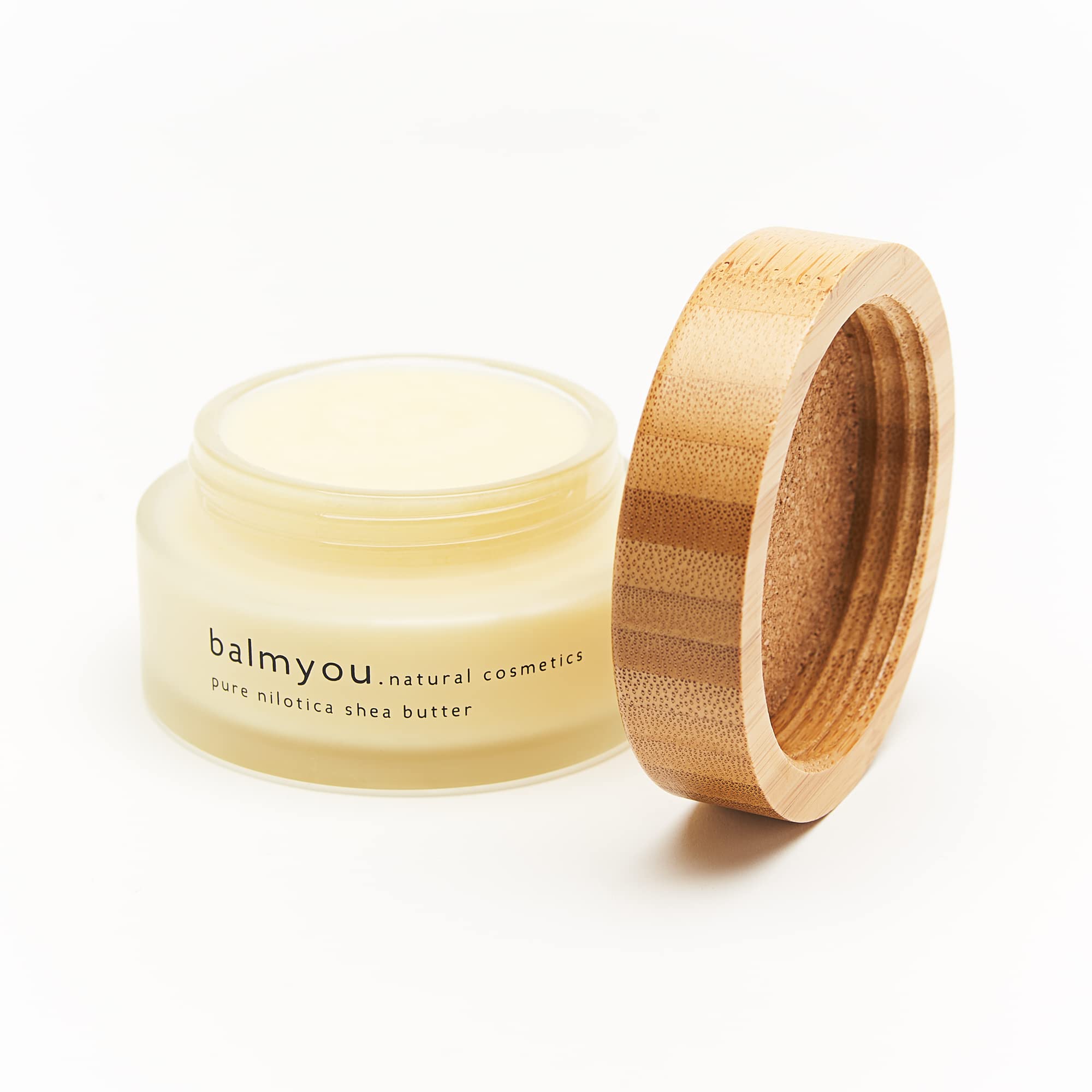 Manteca de karité nilótica pura de balmyou en tarro de cristal de 100 ml con tapa de bambú y certificación de cosmética natural de Uganda, sin refinar, prensada en frío, vegana y sin aditivos