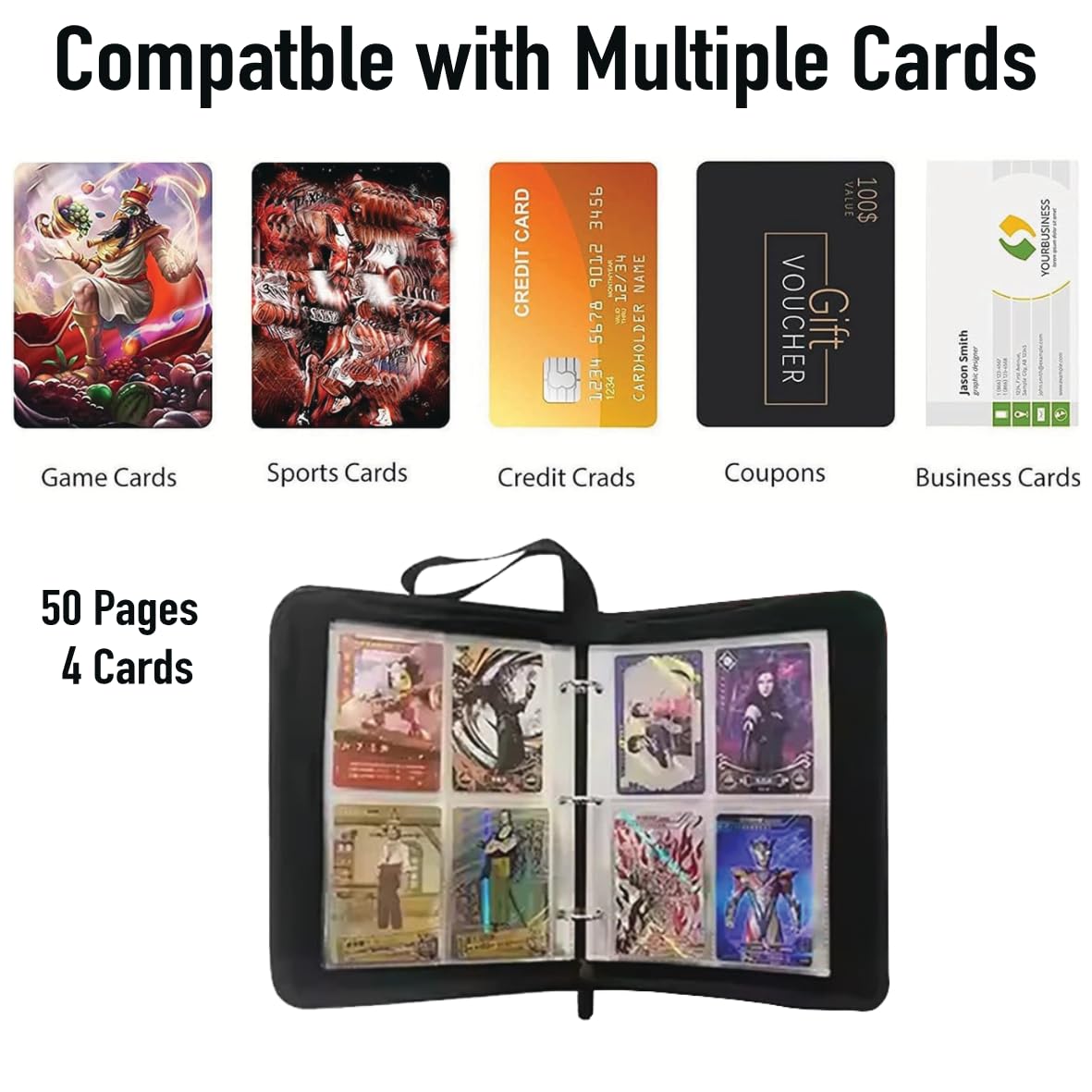 Trading Card Zip Binder, 200-Card Capacity, Water-Resistant PU Cover, 50 Clear 4-Pocket Pages, Folder for Collectibles (Black) - Image 4