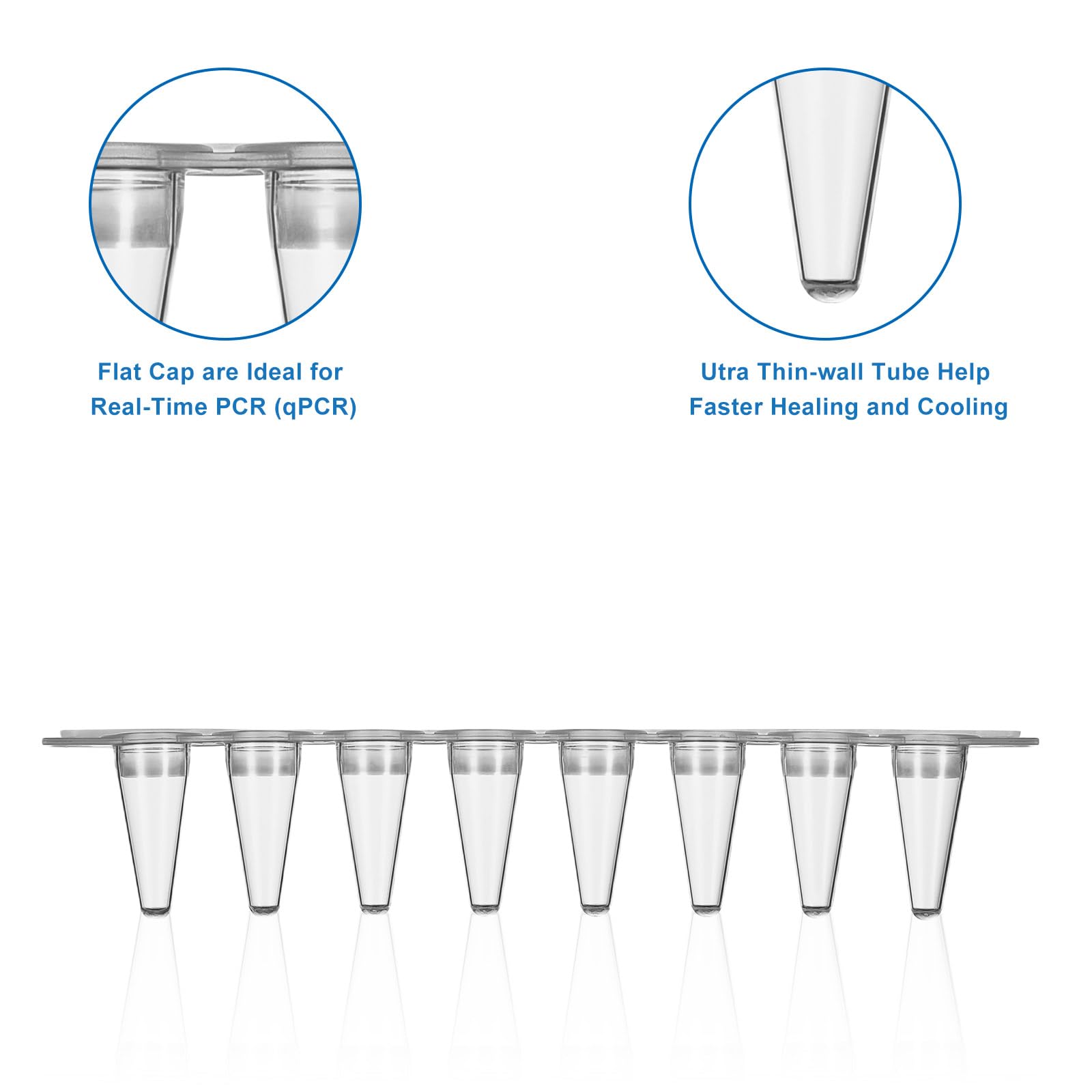 Tubes PCR à 8 bandes de 0,1 ml, tubes transparents à paroi mince avec bouchons plats, sans DNase/RNase 125 bandes