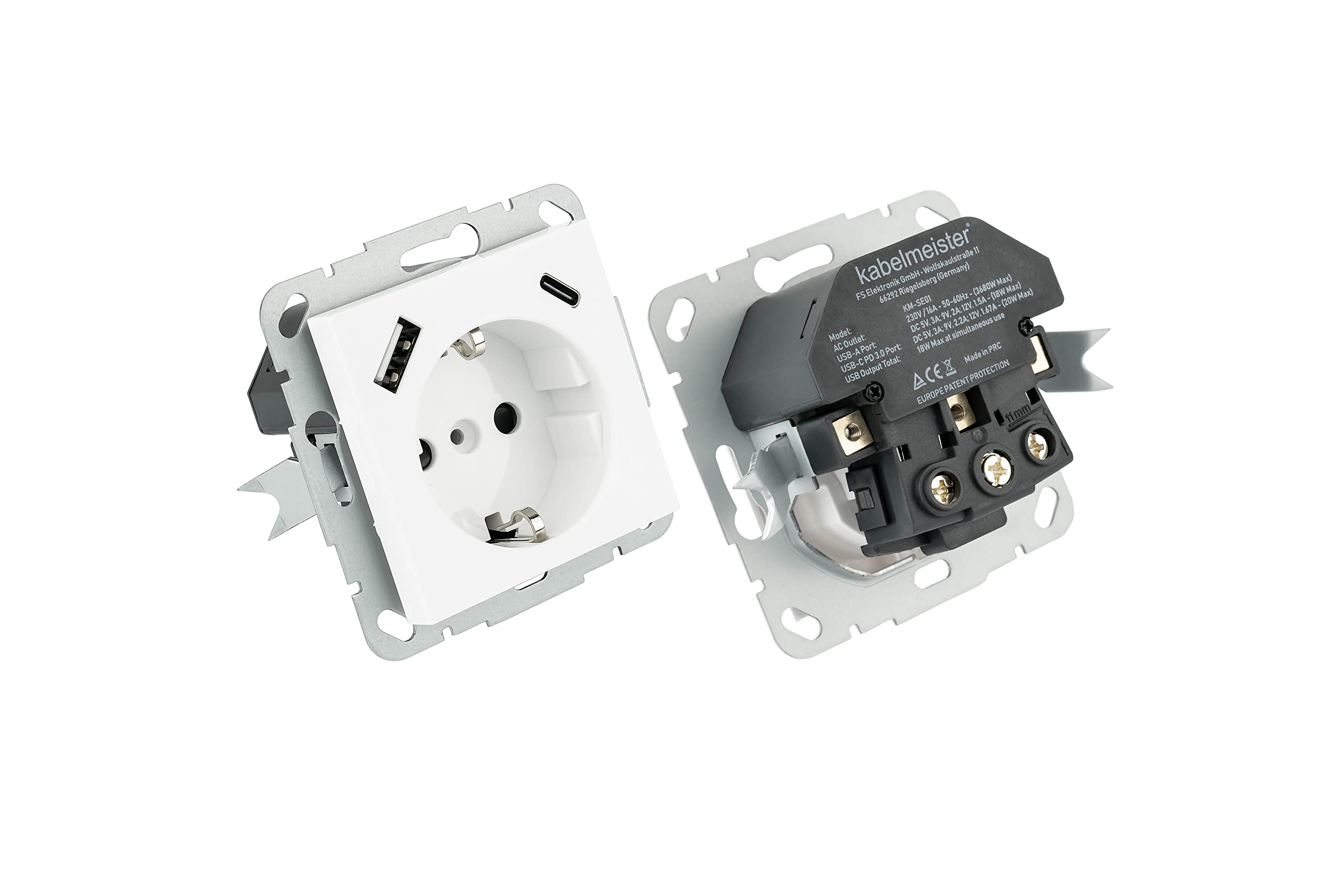 Schutzkontakt-Einbausteckdose 2-fach, jeweils mit USB-C (20W, Power Delivery 3.0) und USB-A Buchse (18W) - inkl. Doppelrahmen + 2x Zentralstück - signalweiß (RAL9003)