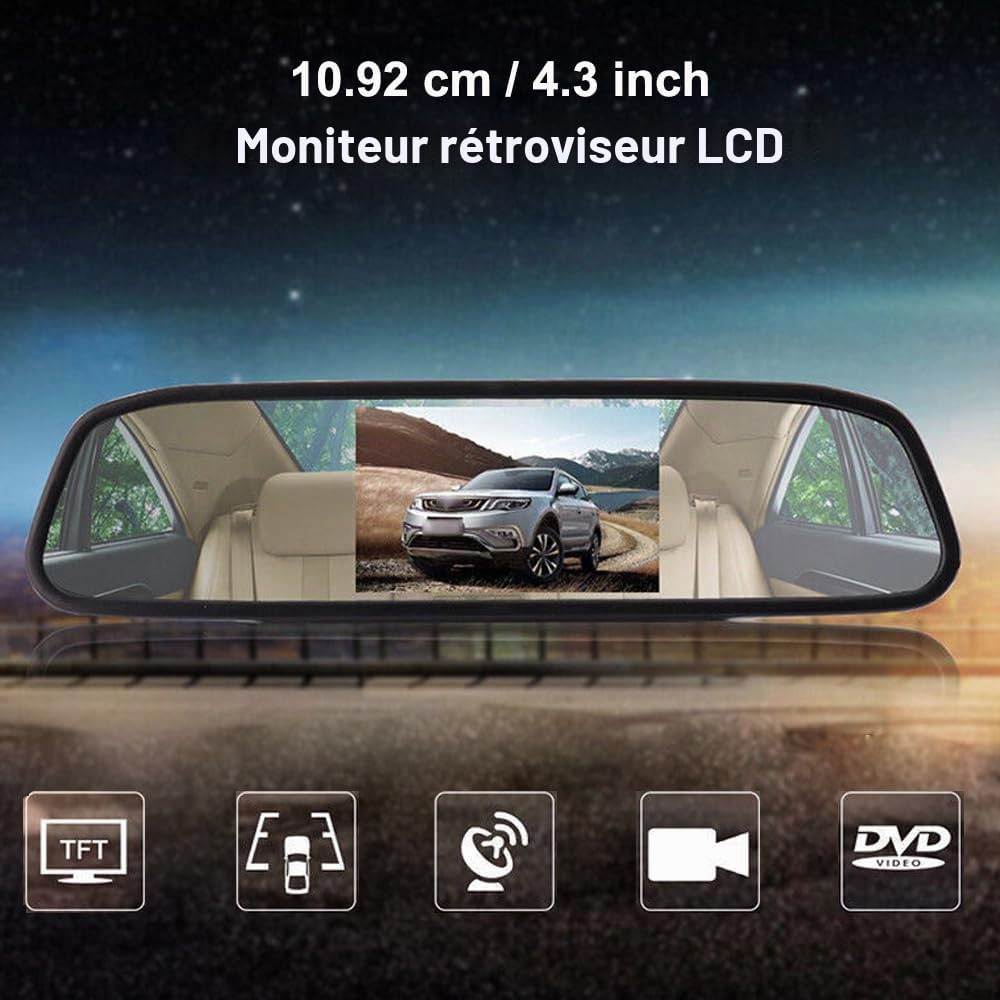 Baceyong Radar de recul Voiture, Écran LCD de rétroviseur de Voiture de 4,3 Pouces + caméra de recul 170° capteur Radar de stationnement, pour rétroviseur de Voiture