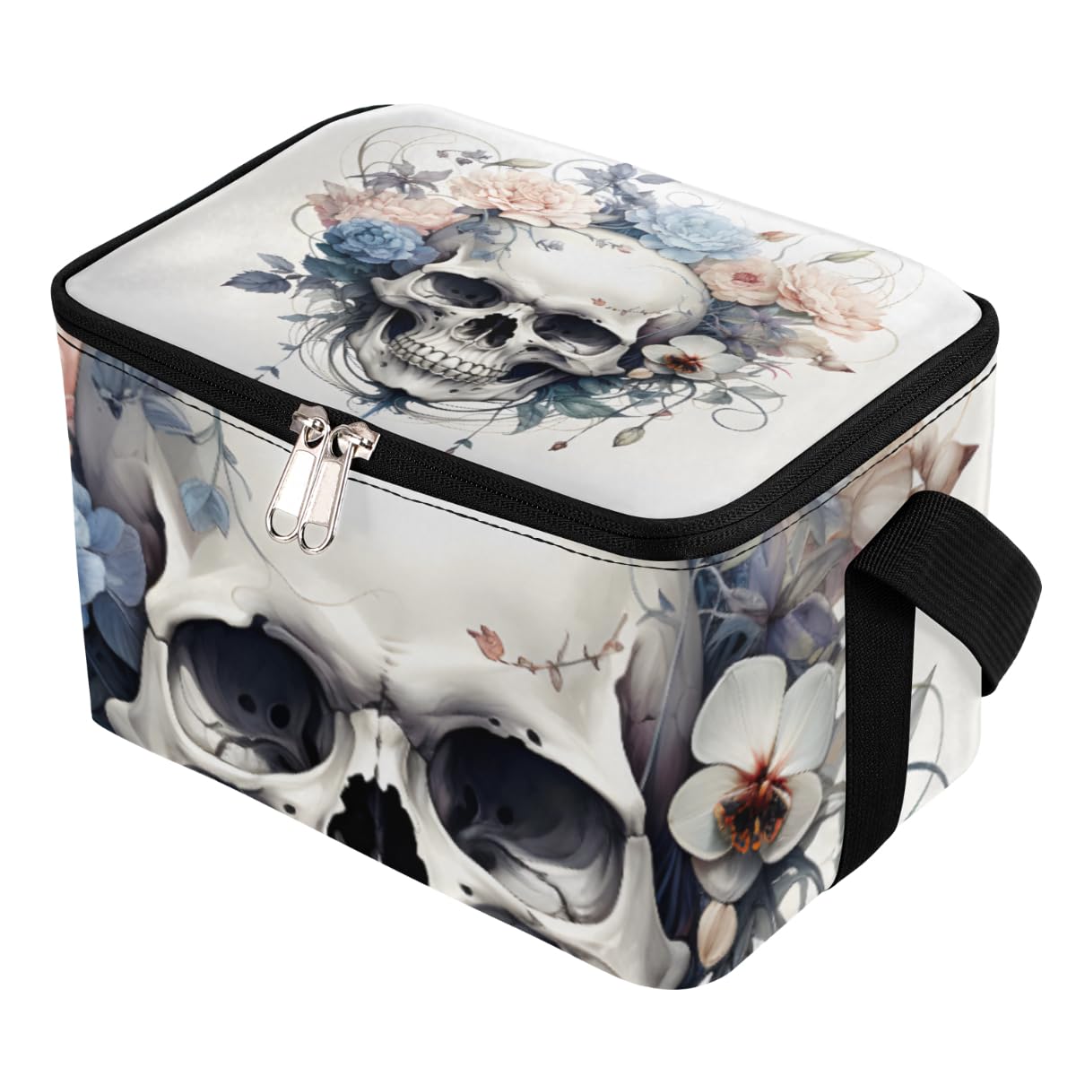 GzLeyigou Lunch Bags for Women Men 9 Cans,Vintage Skull Flower Hot & Cold Food Delivery Bag Insulated Grocery Bag Insulated Lunch Box Floral Skull Cooler Bag for Office Work Picnic Beach