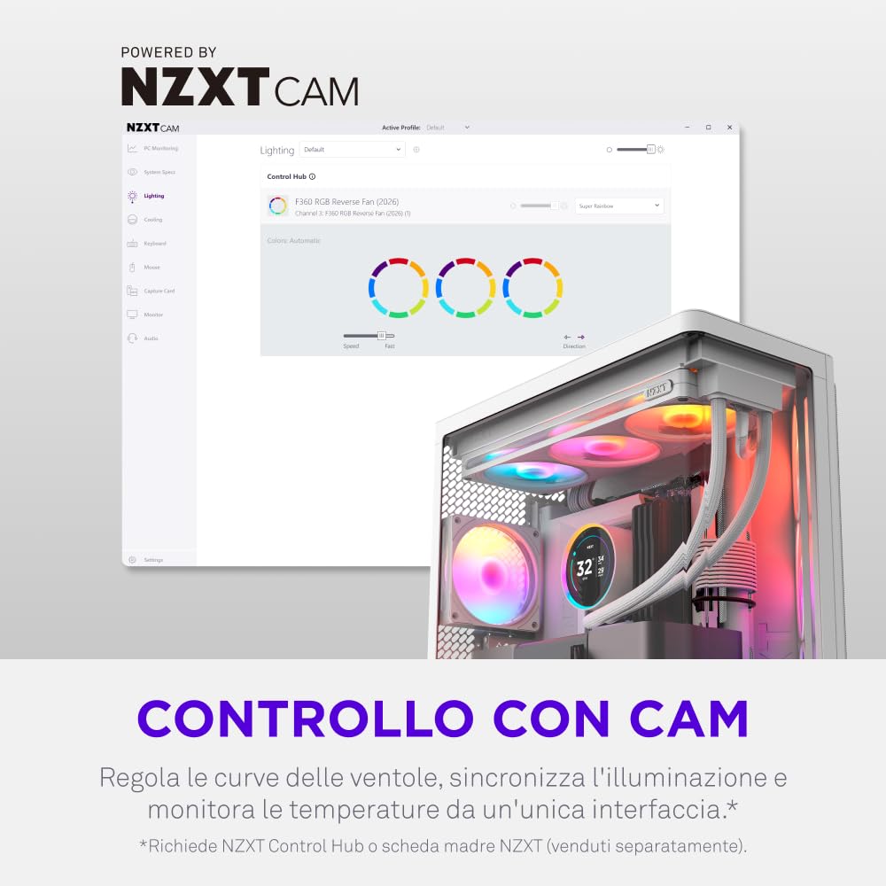 NZXT F420 RGB - Ventola RGB PWM Monoscocca 420mm - Bianco | Unità monoscocca 420mm con tre ventole RGB PWM 140mm. RGB vivace e cuscinetti fluidodinamici per raffreddamento silenzioso.