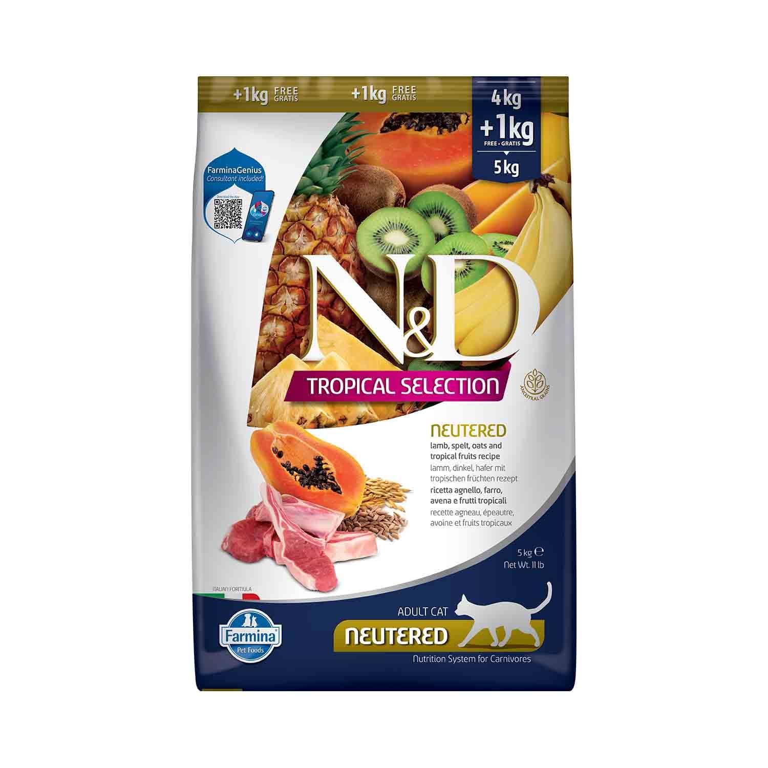 Farmina, N&D Tropical, Agnello & frutti tropicali, Gatto Neutered, 4+1kg