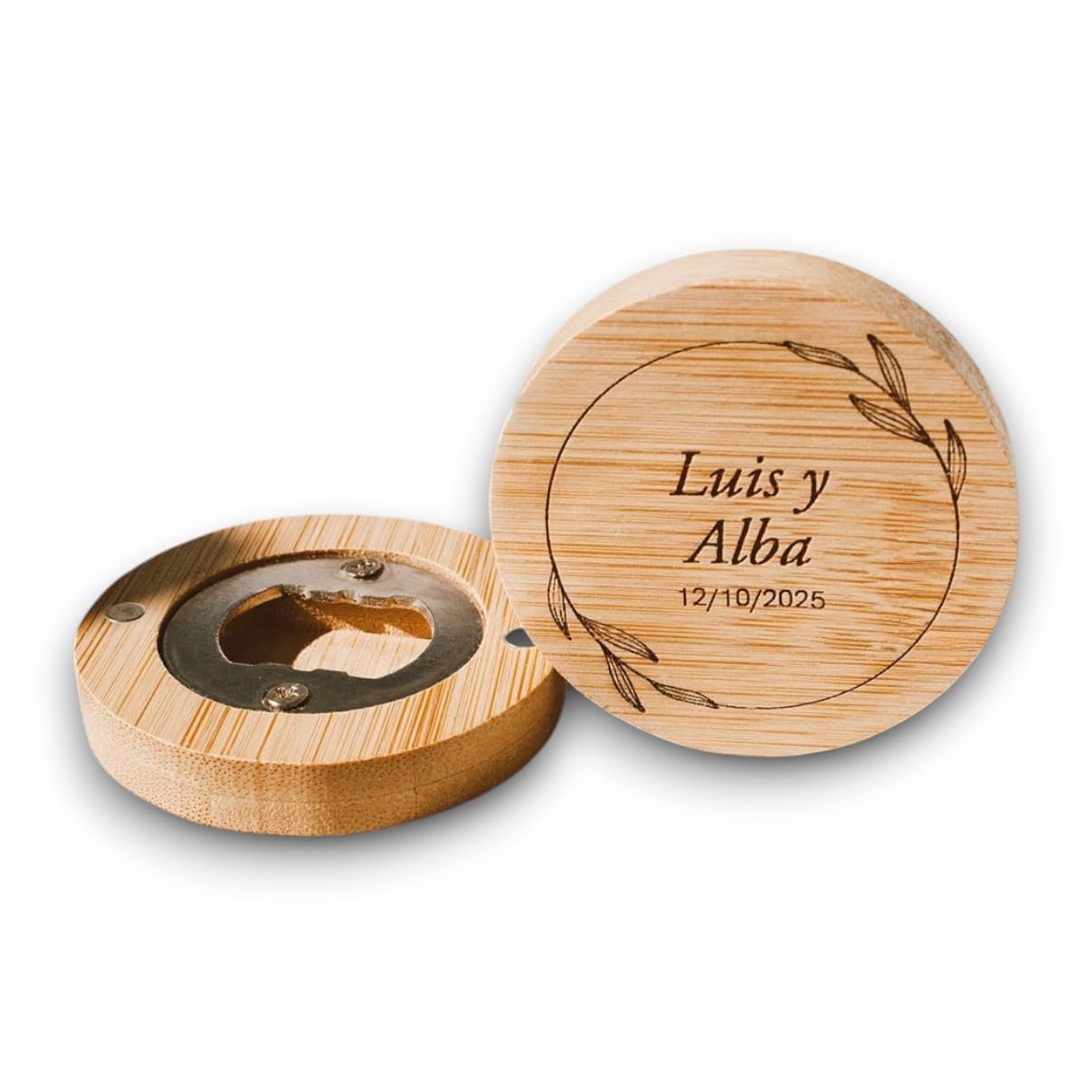 Abridor Personalizado Boda de Madera – Pack de 50 Abrebotellas Magnéticos para Invitados – Detalle Original y Recuerdo de Boda Personalizado