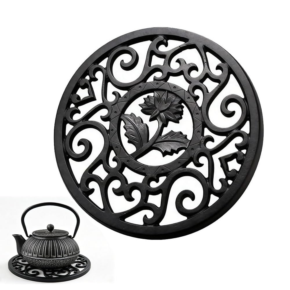 sous-Verre Rond en Fonte de 11,5 cm, Support pour théière, Style rétro, sculpté, résistant à la Chaleur, avec Pied métallique, sous-Verre en Fonte, pour casseroles, poêles et théières Chaudes
