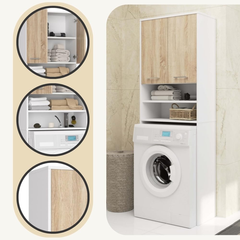 AKORD | Armadio Pensile per Lavatrice | Armadio di trasformazione con 2 ante, 2 Ripiani Aperti | Archivio per bagno | Cassettiera per lavatrice | 64x180x30 cm | Peso 30 kg | Bianco/Rovere Sonoma