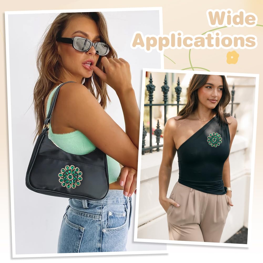 FINGERINSPIRE Runde Strassblumen Applikation 85mm Durchmesser Zum Aufnähen Grüne Tropfenförmige Strassapplikationen Mit Messingfuß Runde Blumenform Verzierung Für DIY Bastelarbeiten Kleider Taschen