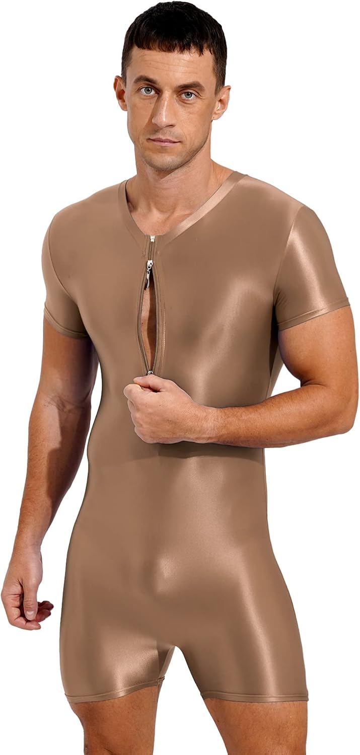 ACSUSS Mens Oil Glossy Bodycon Bodysuit Solid Color Stretchy Shorts Jumpsuit Romper Sportwear