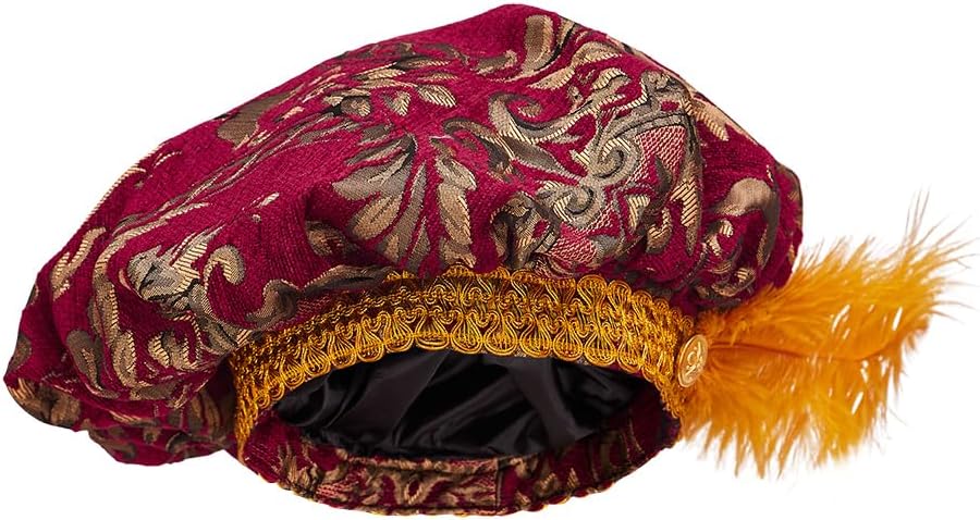 Mens Medieval Tudor Hat with Feather Muffin Top Hat Renaissance Tudor Flat Cap Minstrel Costume Headwear Headpiece