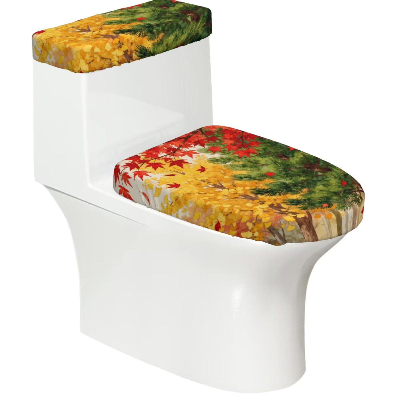 Pine Fall Elastic Toilet Cover Set of 2-Stretchy Lid and Tank Covers for Bathroom, Soft Washable U Shape Toilet Decor