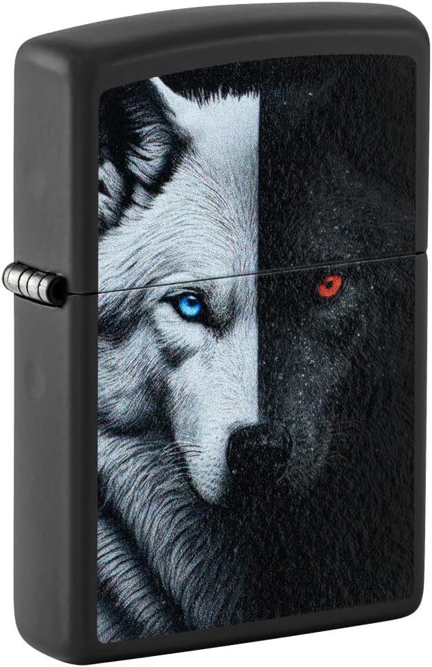 Encendedor Zippo personalizado diseño Two Wolves negro mate miniatura 1