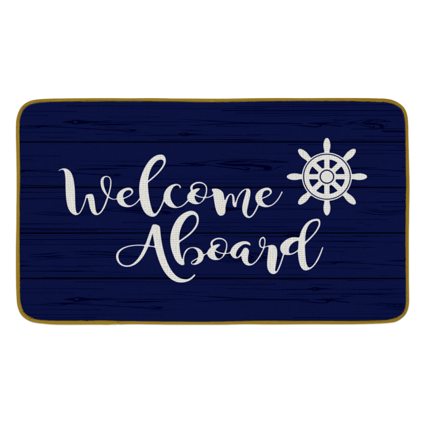 Burosev Welcome Aboard Steering Wheel Nautical Theme Decorative Doormat, Navy Blue Boat Floor Mat, Rustic Welcome Aboard Farmhouse Decor for Home