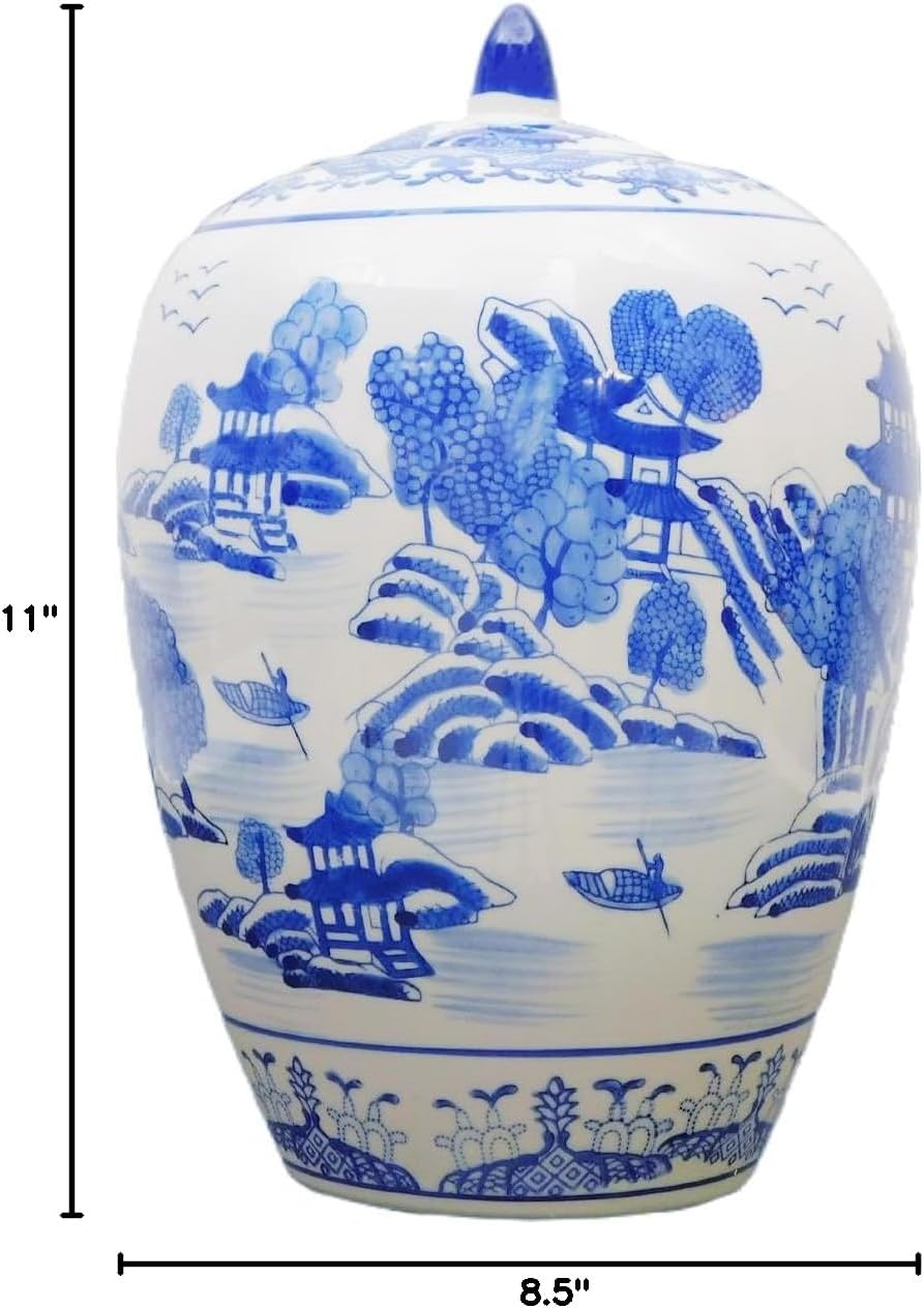 Oriental Furnishings Chinese Blue and White 11" High Porcelain Jar with Canton Landscape Painting and Lid