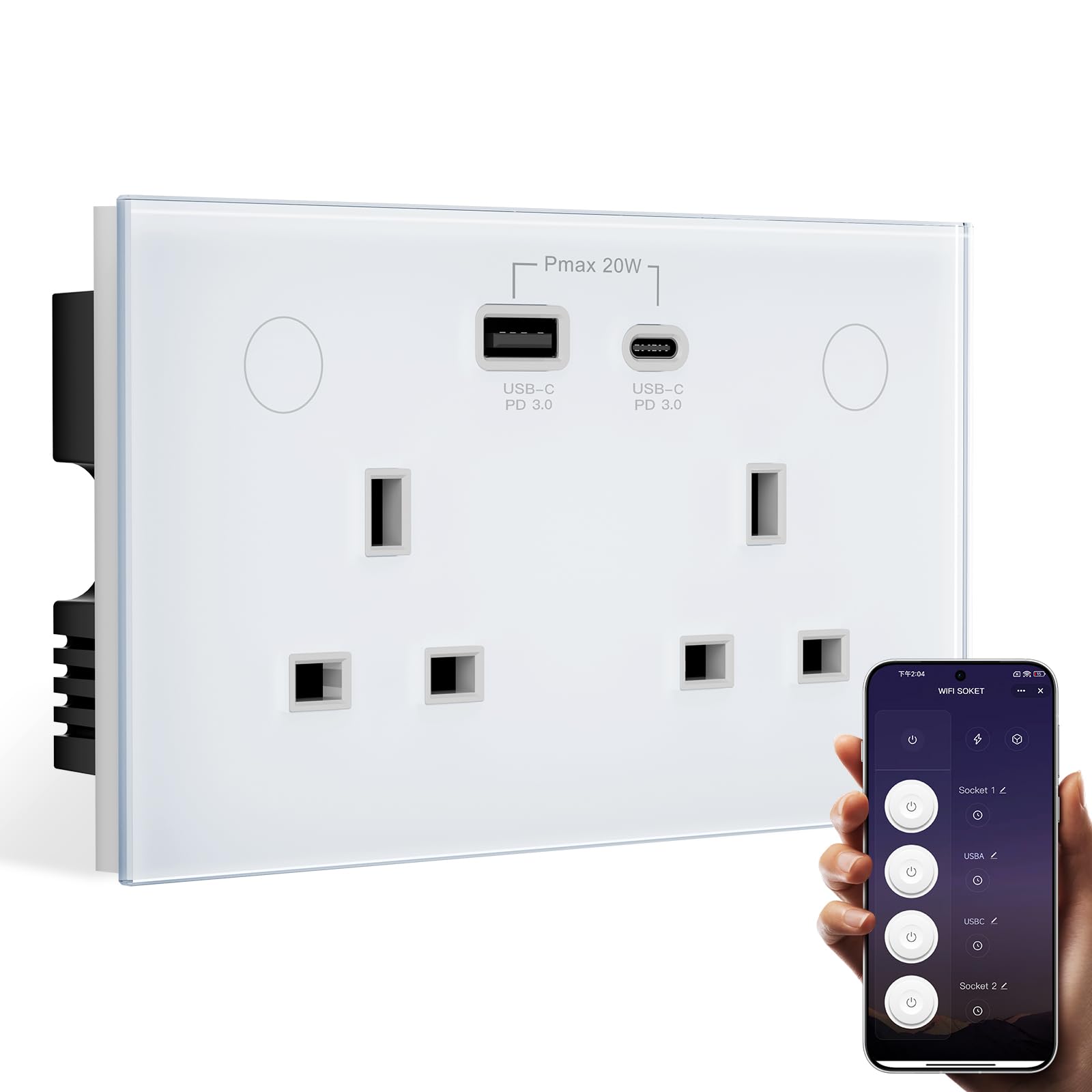 BSEED Smart WiFi Socket,2 Gang with USB and Type C Compatible with Alexa and Google Home, Metered Socket With APP Remote Control Compatible with SmartLife,16A White