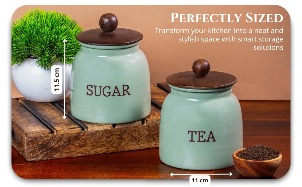 Image of Metallure Home Modern Kitchen Set | Air Tight Containers for Kitchen Storage | Tea Sugar Container Set of 2 | Wooden Lid Container | Food-Safe Metal Containers | Jar Container Set for Home (Green)