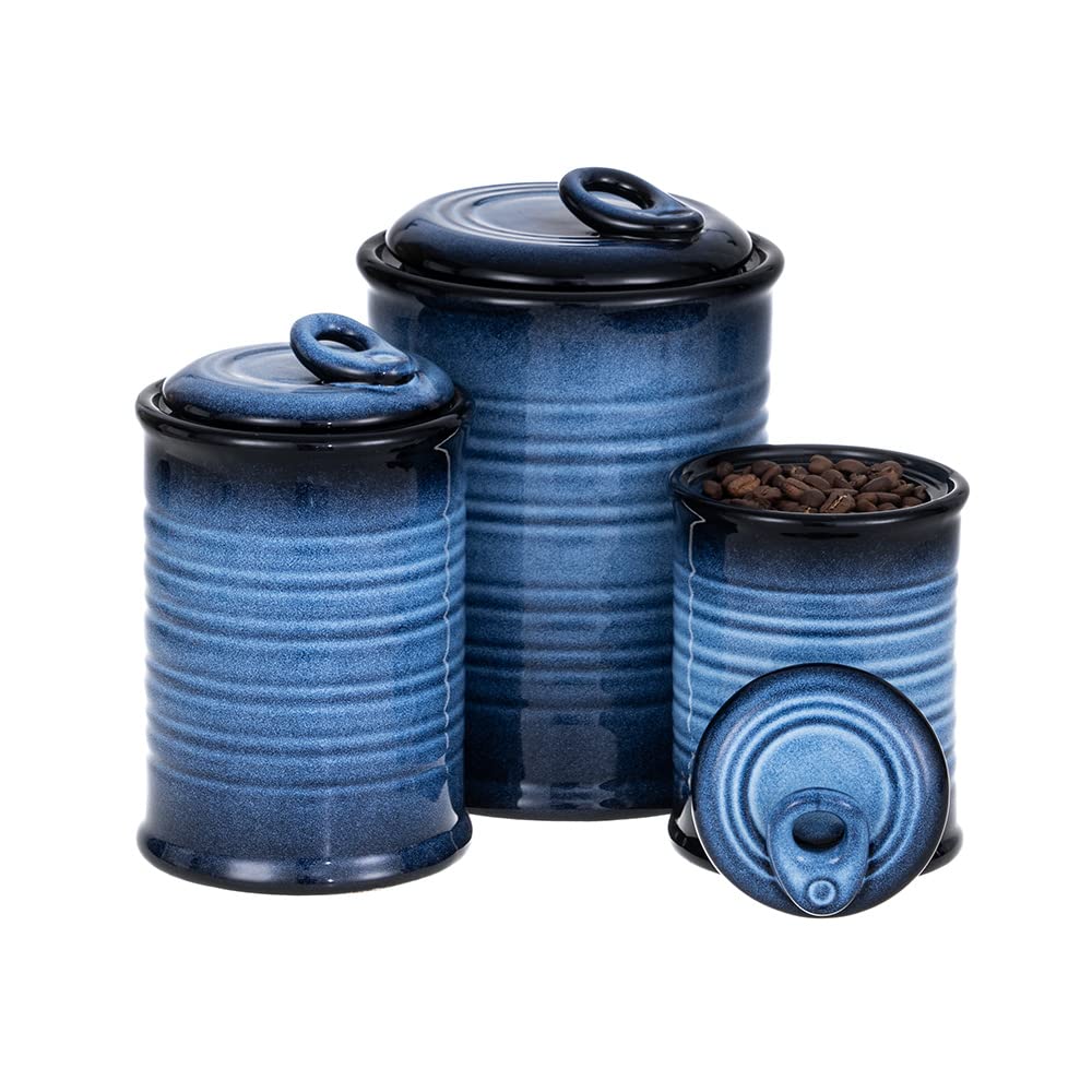 Nihow Food Storage Jar Sets: Ceramic Container with Air Tight Lid for Flour/Sugar/Rice/Coffee/Cookies/Candy - Seal Damp-proof Canister for The Kitchen - Set of 3 （Blue & Black）