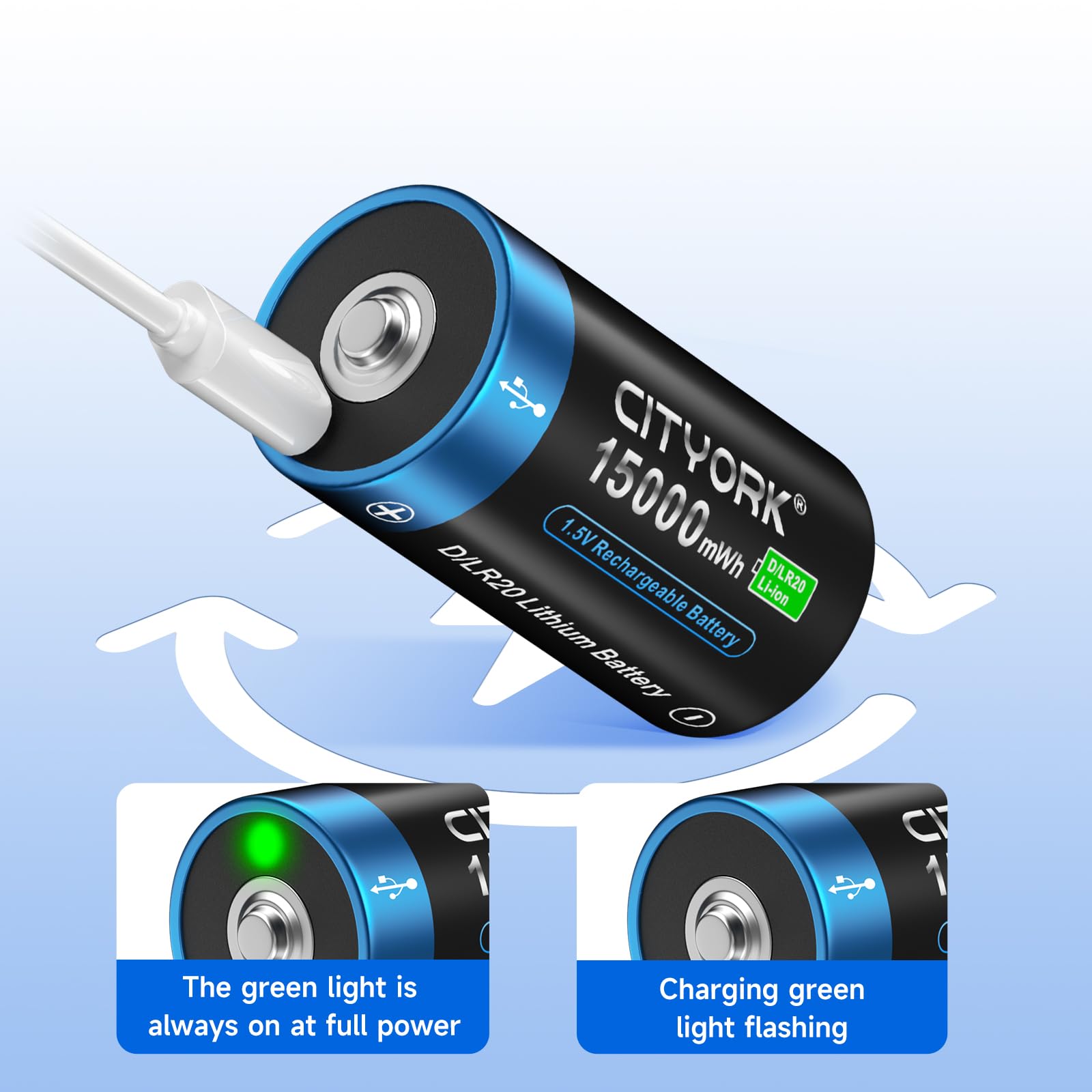 CITYORK 15000mWh 1,5v USB D Akku Wiederaufladbar mit USB-C Ladekabel (8 Stück), Lithium-Ionen Aufladbare USB D Batterie, Mono D LR20 Akku Zellen, über 1000 Zyklen und Recycelbar - Ohne Speicher Effekt