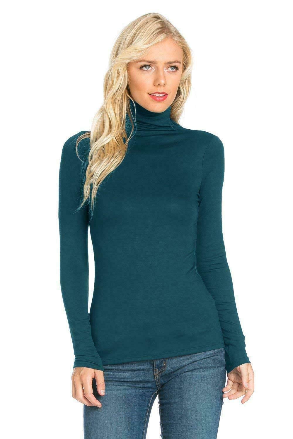 Candid Styles Women's Teal Polo Roll Neck Long Sleeve Turtle Neck Plain Jumpers For Top(,24-26)