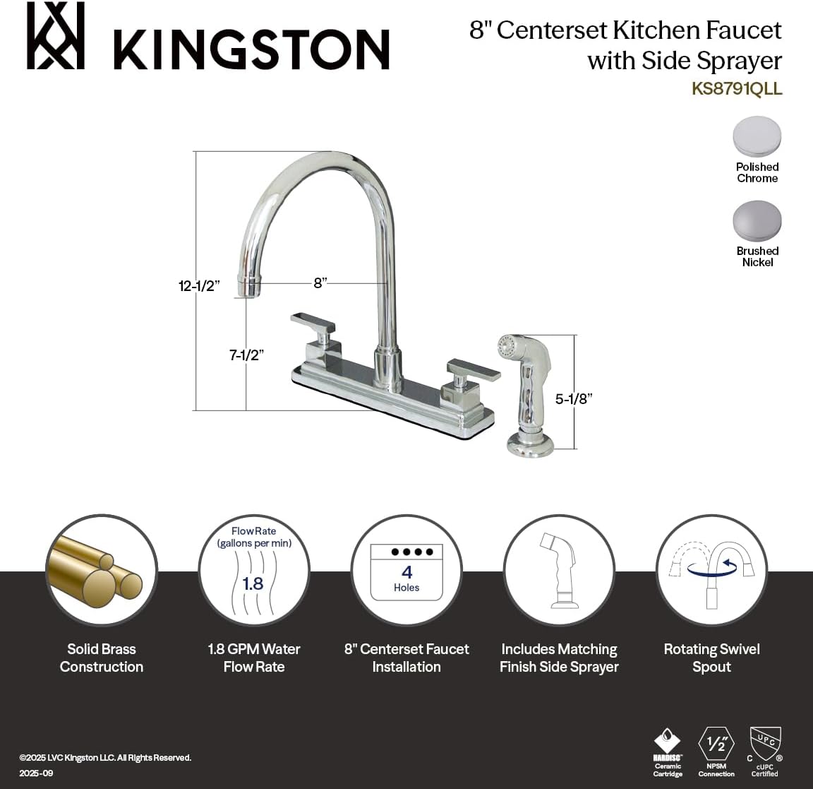 Kingston Brass KS8798QLL Executive 8-Inch Centerset Kitchen Faucet, Brushed Nickel