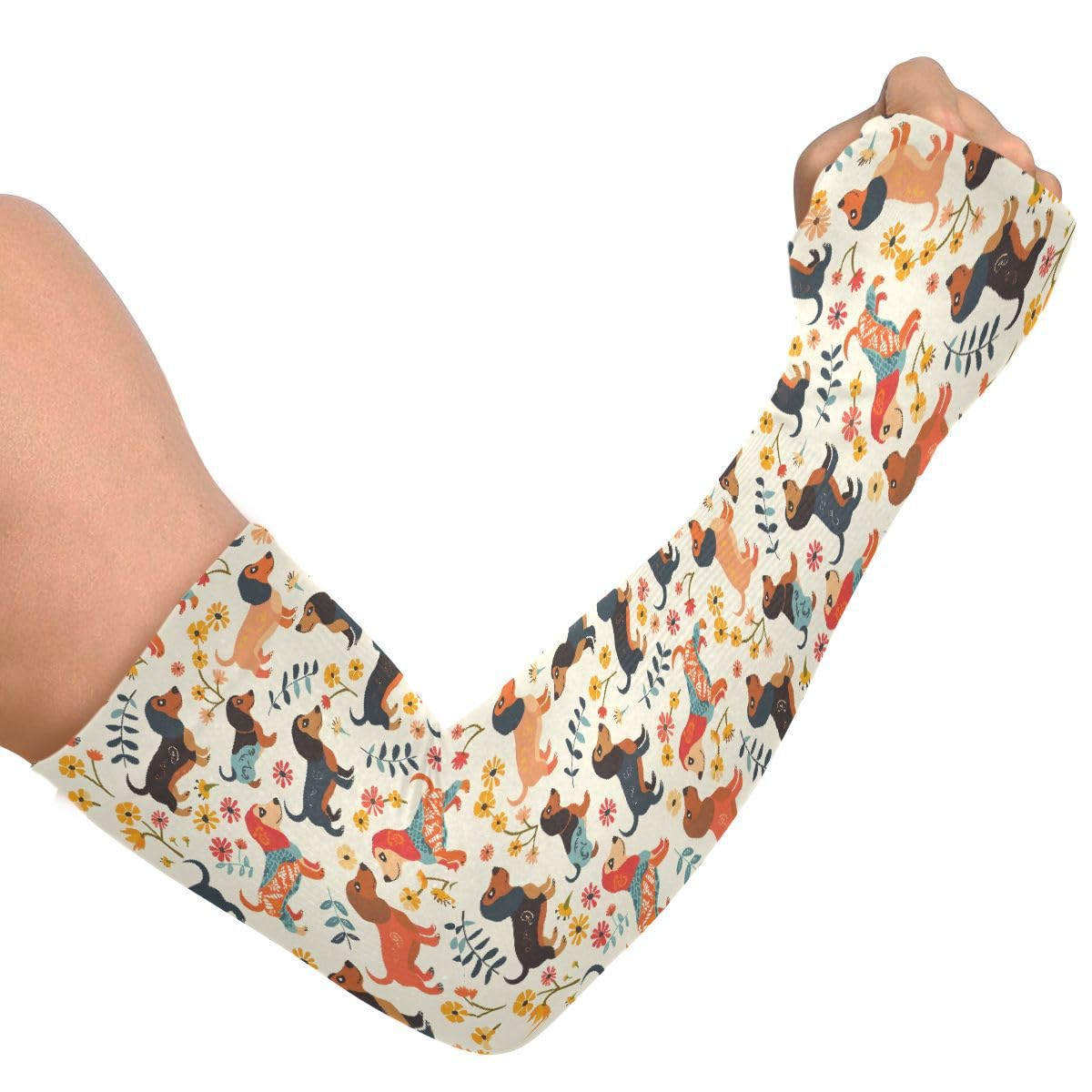 ALAZA Dachshund Puppy Dog Blossom Gardening Sleeves Cooling Arm Sleeves Sun Protection Thumb Hole Arm Covers for Women Men