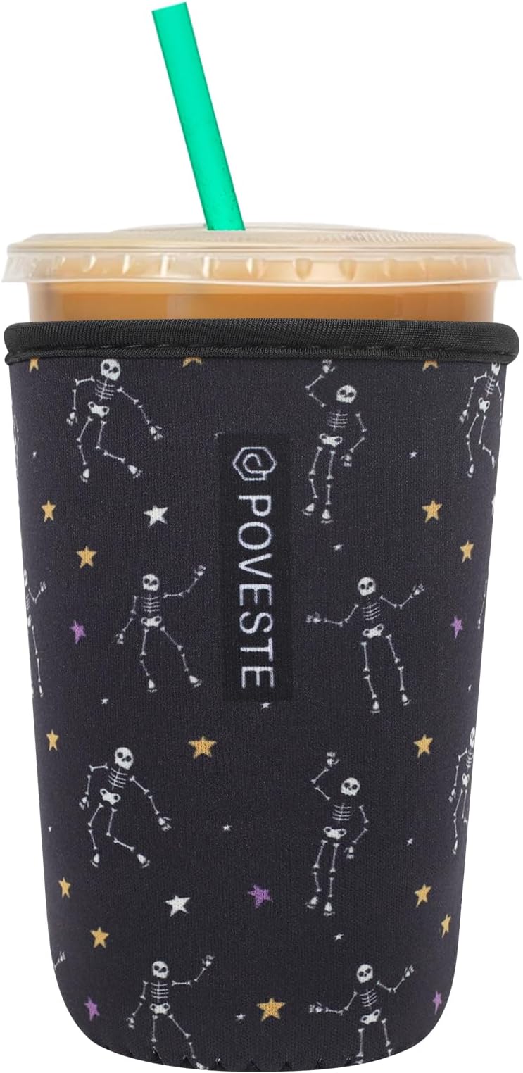 Reusable Neoprene Insulator Sleeve for Iced Coffee & Cold Soda, Coffee Sleeves for Iced & Hot Drinks, Cold Beverage Cooler Compatible with Starbucks, Dunkin (Dance Skull, Medium: 22-24oz)