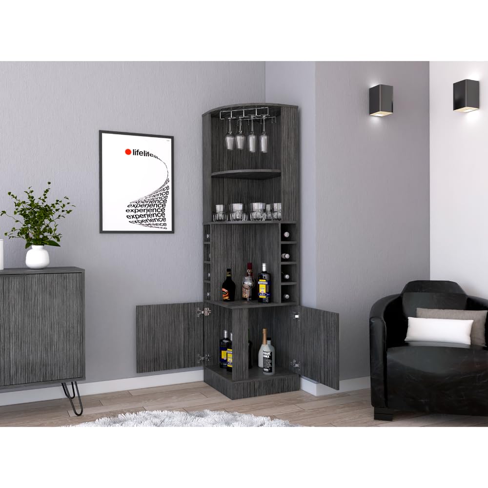 Space-Saving Corner Liquor Cabinet Storage Organizer with Adjustable Shelves, Wine Bottle Racks, Glass Holder & Drawer – Freestanding Home Bar Furniture for Dining Room or Kitchen (Smoke oak)