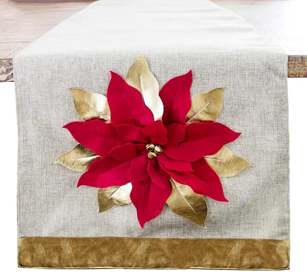 Fennco Styles Unique 3D Christmas Poinsettia Table Runner 16 x 120 Inch - Silver and White Flower Table Cover for Home Décor, Banquets, Family Gathering and Special Occasion