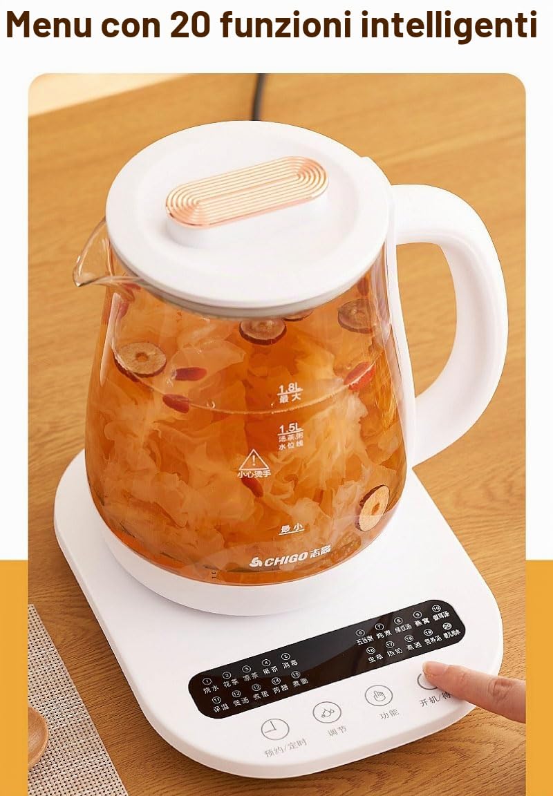 Vaso per la salute multifunzionale, vaso per la salute in vetro per uso domestico da 1,8 litri, bollitore multifunzionale da 800 W, macchina per il tè, bollitore elettrico per l'acqua calda, vaso per