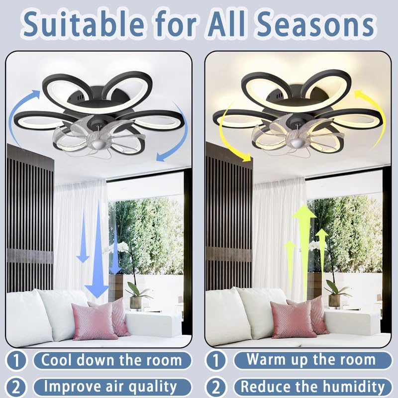 LED Deckenventilator Mit Beleuchtung Leise Dimmbar Blume Lampe Mit Ventilator FüR Schlafzimmer Fernbedienung Reversibel Deckenlampe Mit Ventilator Smart Modern 65cm FüR Wohnzimmer, KüChe, Schwarz